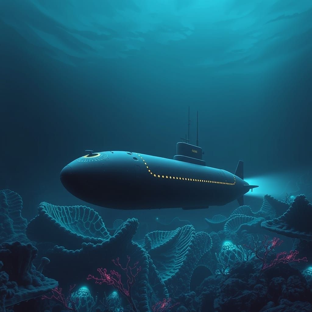 Submarine Glides Through Bioluminescent Alien Ocean