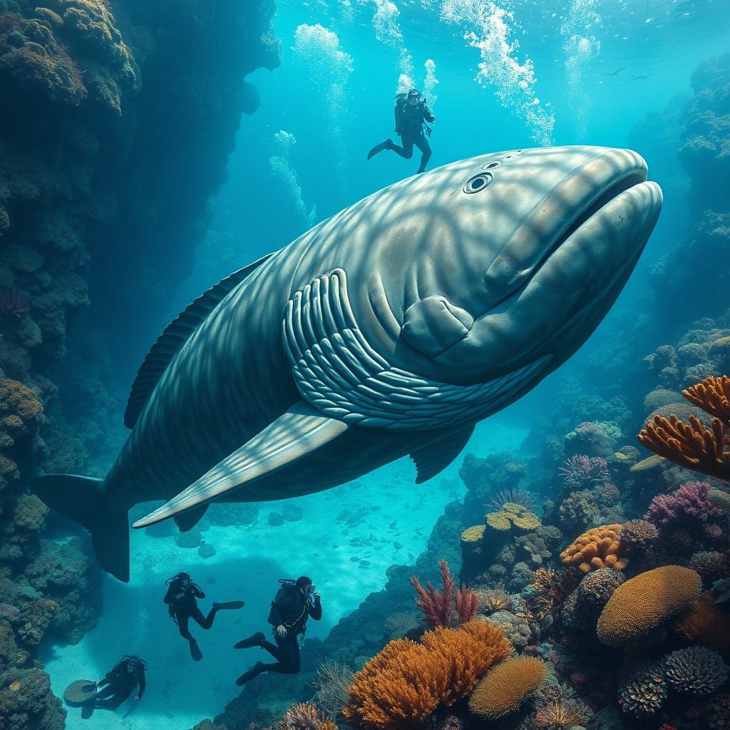 Goliath Grouper and Scuba Divers in Vibrant Coral Reef