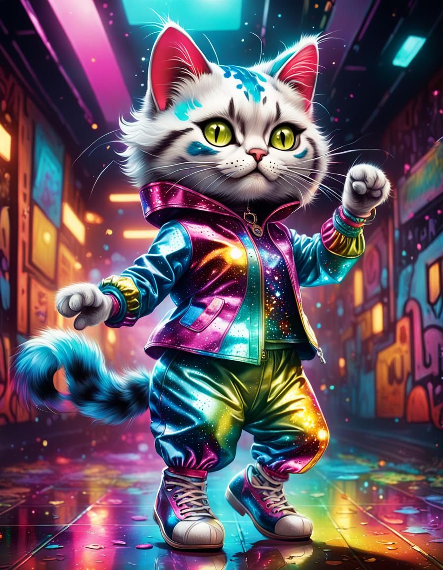Disco Cat in 1970s Style Graffiti Art