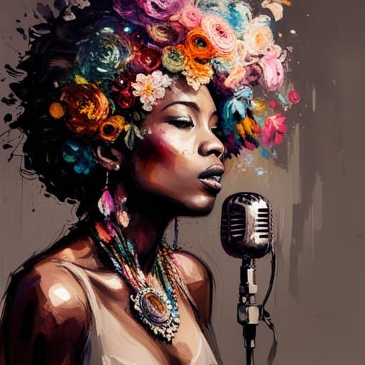 African Woman Singing with Flowers, Digital Painting