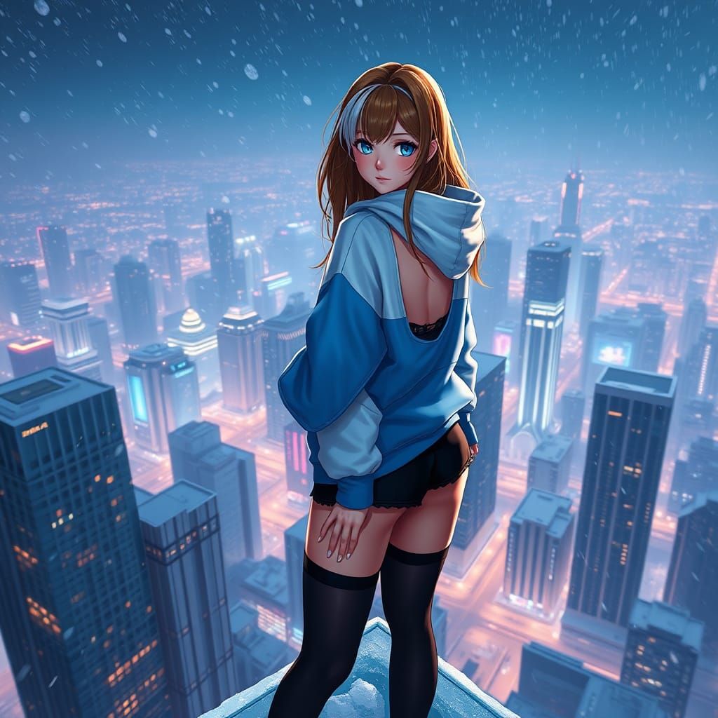 Anime Girl on City Building in Snow