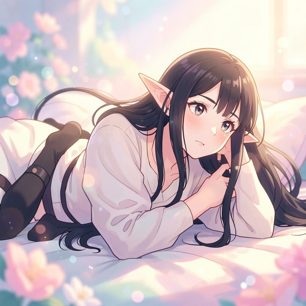 Thoughtful Anime Elf in Dreamy Pastel Style