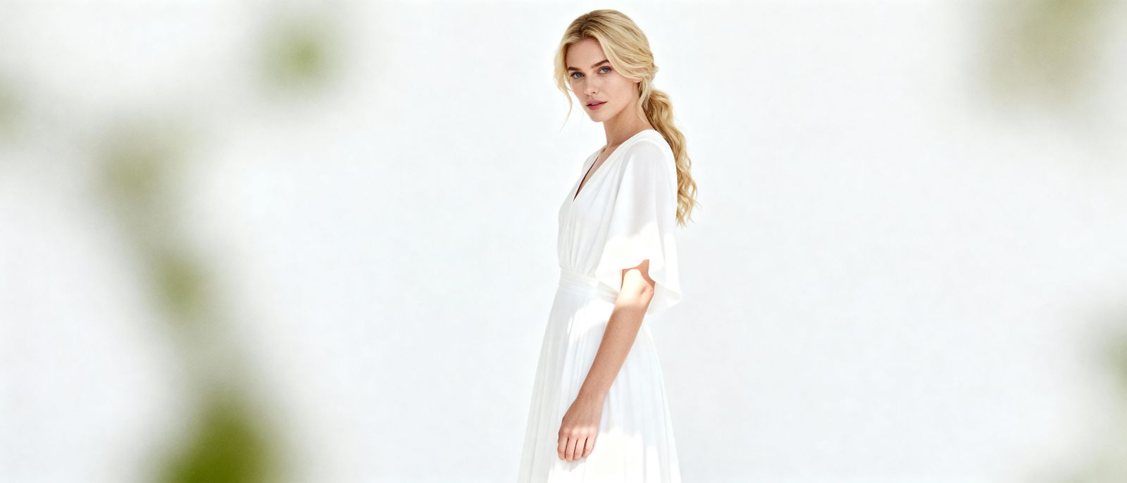 Blonde Woman in White Attire Against Minimalist Background