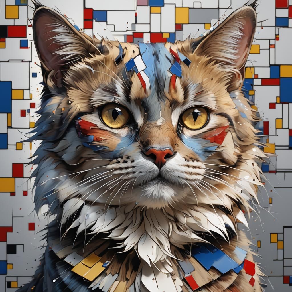 Mondrian Cat Portrait in Geometric Abstract Style