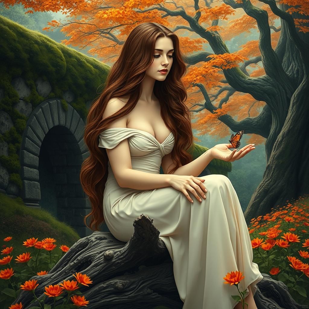 Brunette in Garden: Oil and Ink Painting