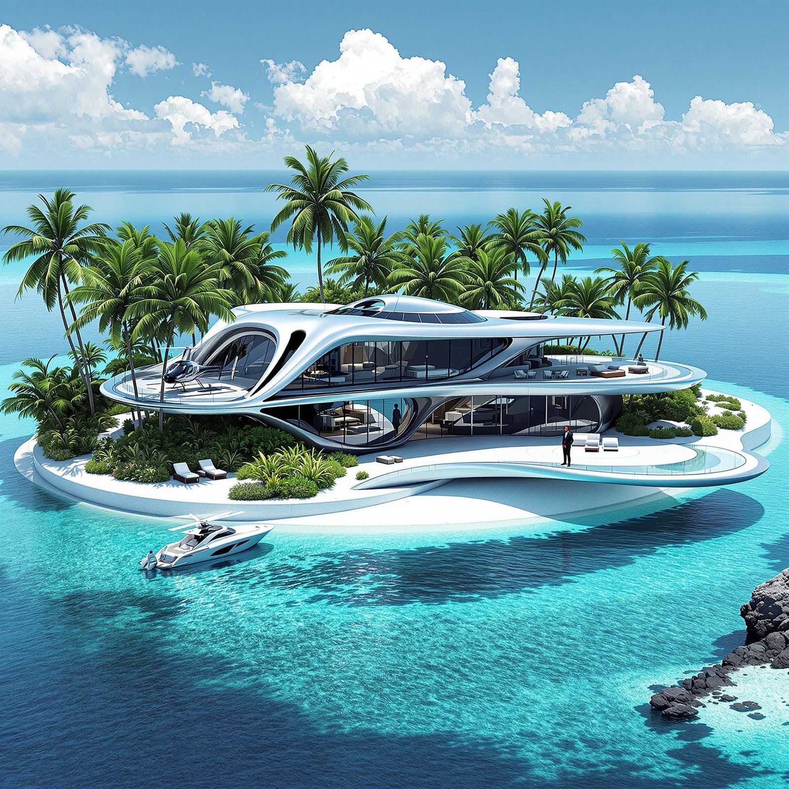 Stainless Steel Oasis Island Retreat with Futuristic Finishi...