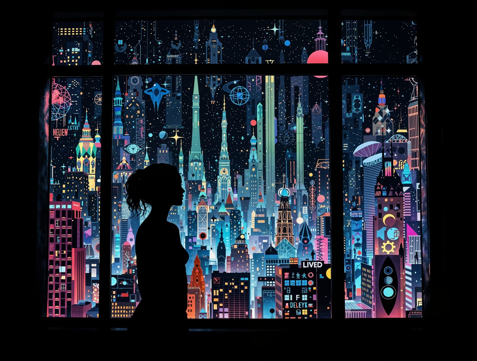 Woman Silhouetted in a Window, Gazing at an Upside-Down City...