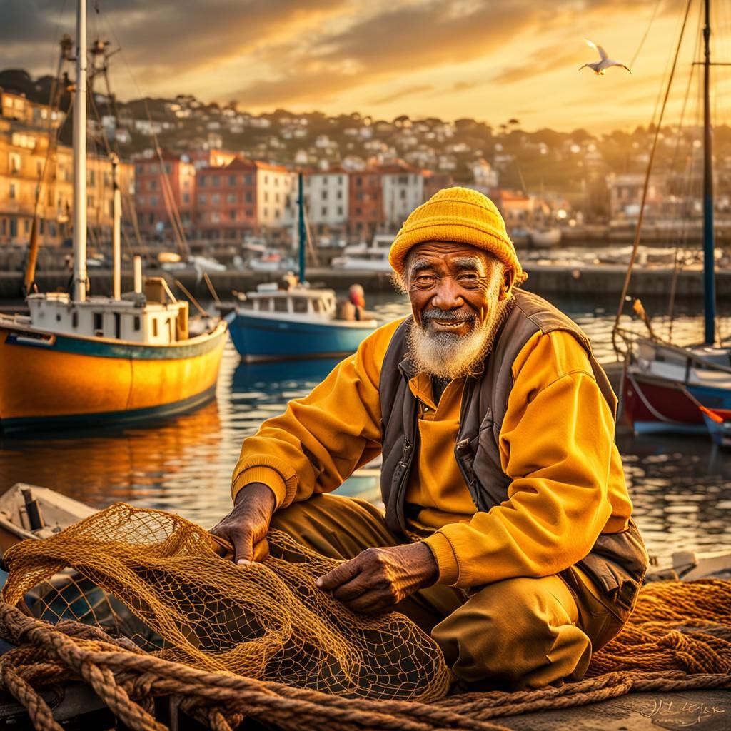 Old fisherman at sunset