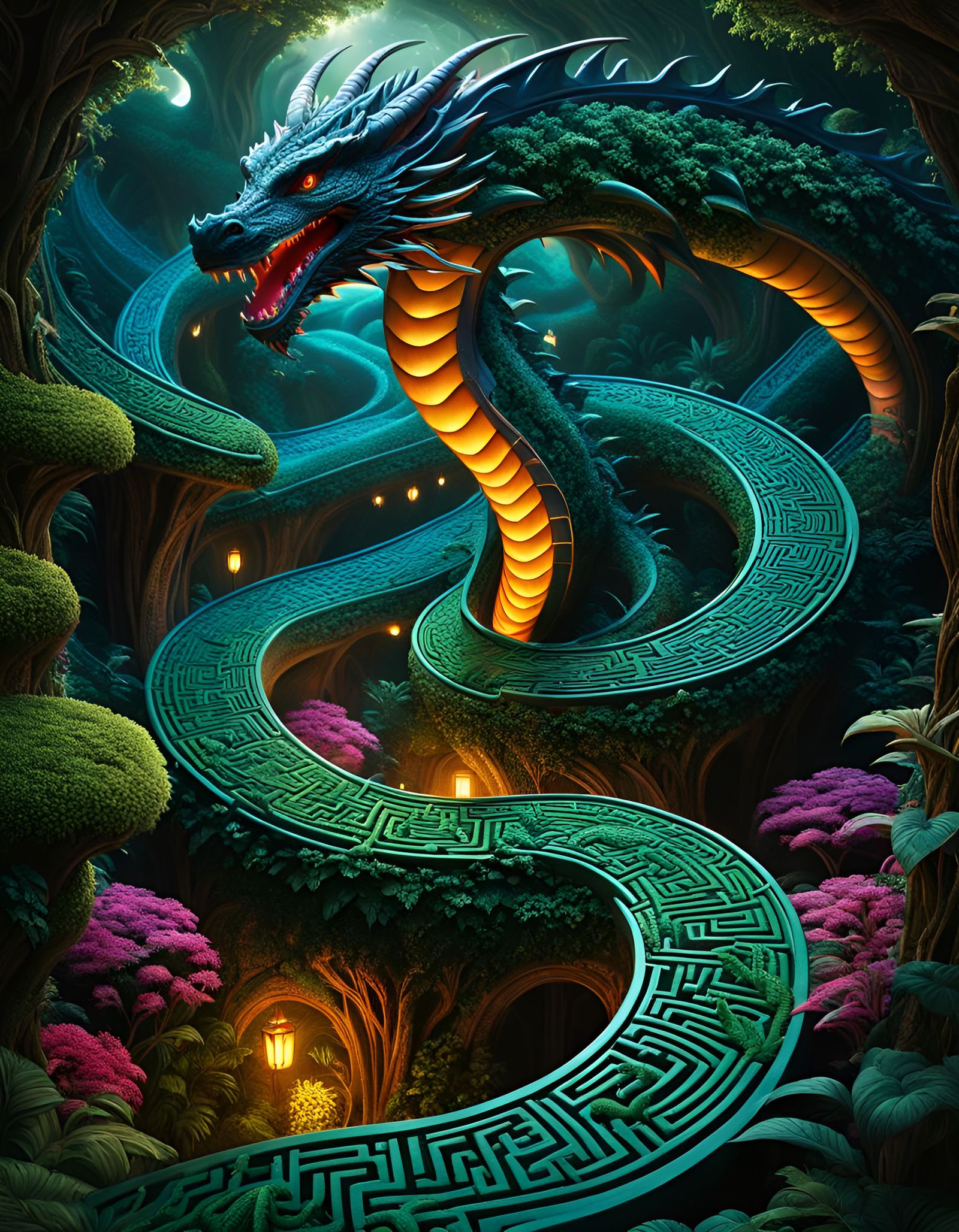 Draconic Labyrinth with Fractal Design in Dark Fantasy