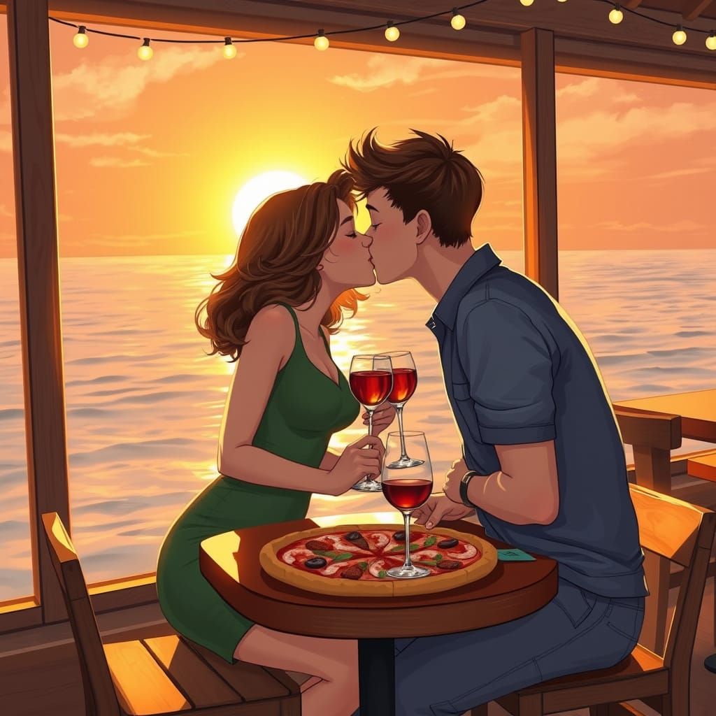 Romantic Seaside Kiss at Sunset: Realistic Style