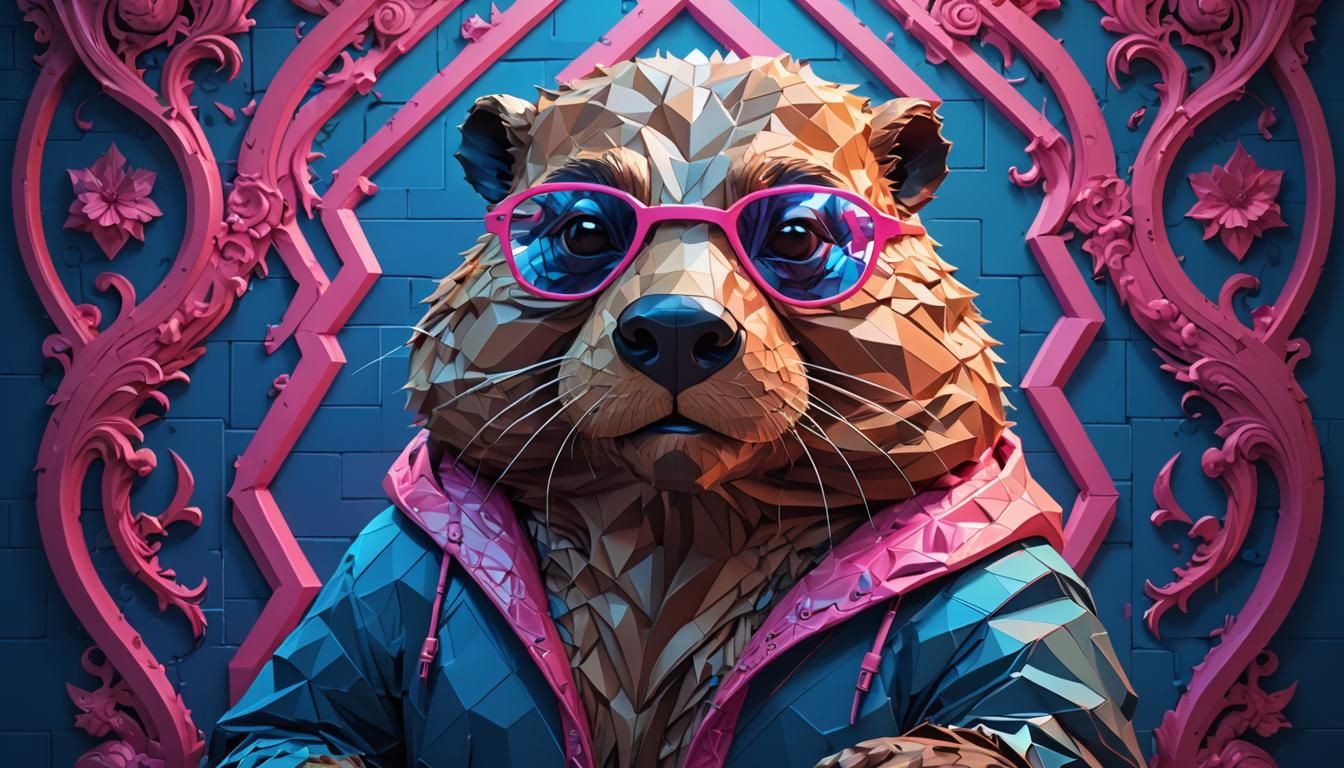 Low-Poly Beaver Hugging Ornate Wall in Digital Art