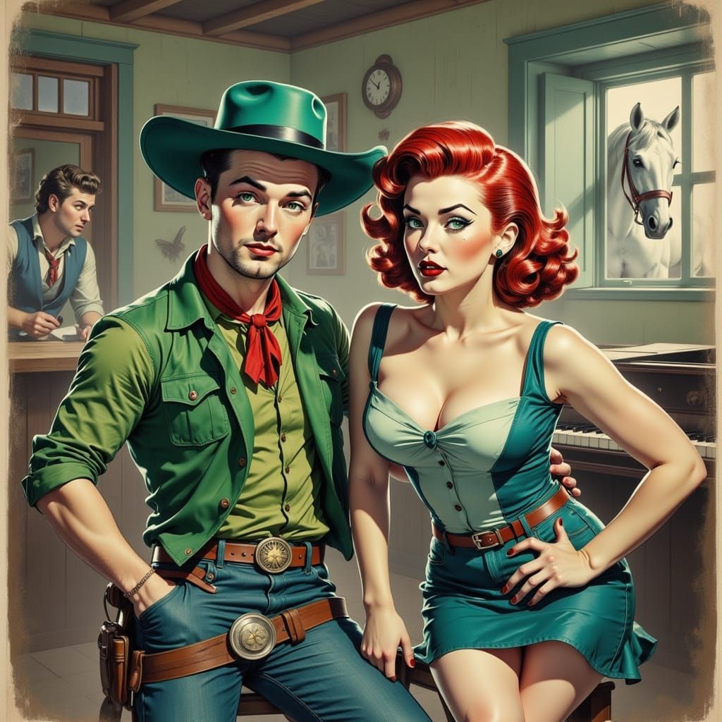 Lucky Luke in a Far West Saloon with a Pinup Girl