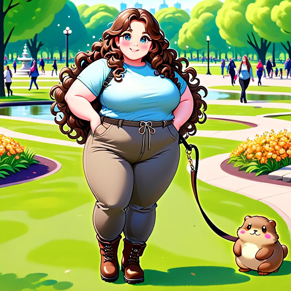 Curvy Woman Walking Otter in Elaborate Park