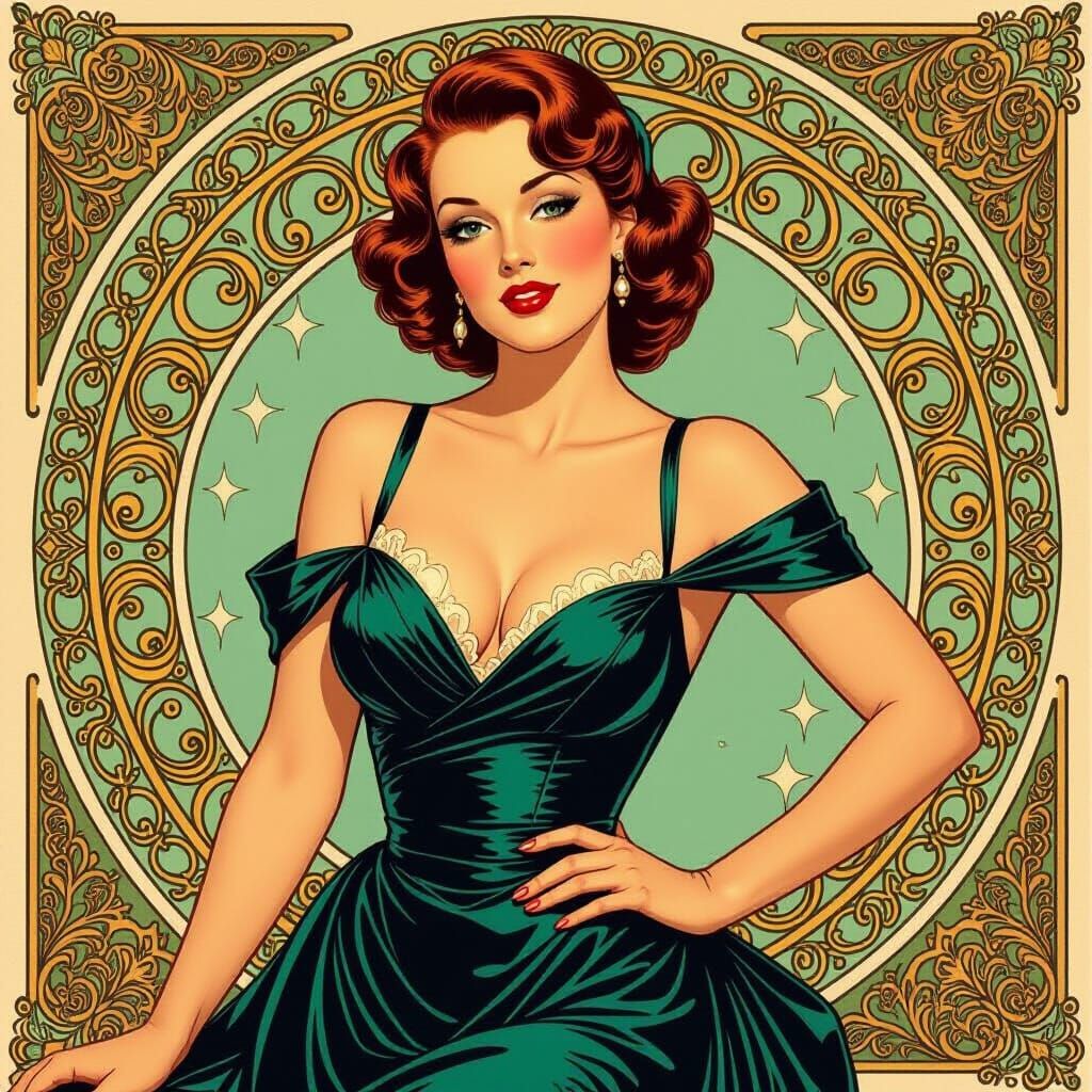 Elegant Pin-Up Girl in Art Nouveau Style