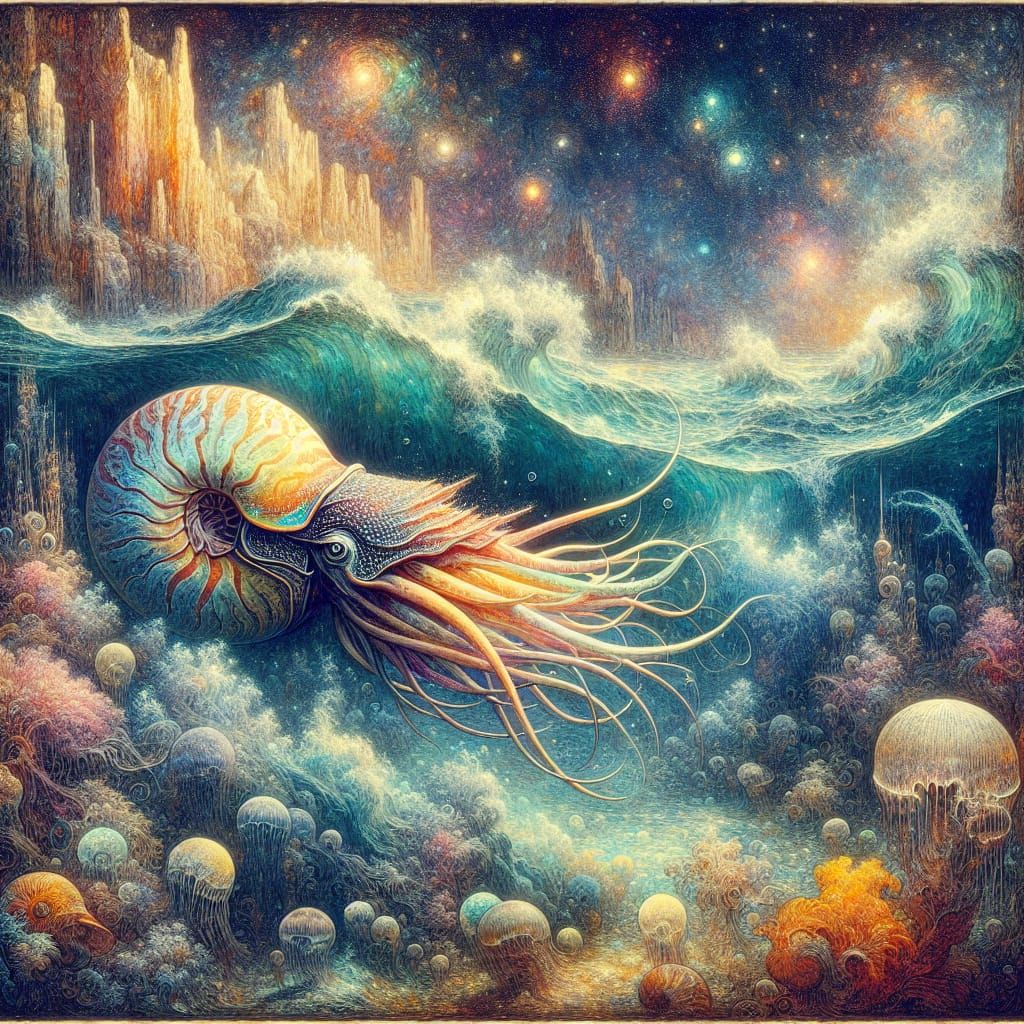 Opaline Nautilus in Deep Ocean Dreamscape