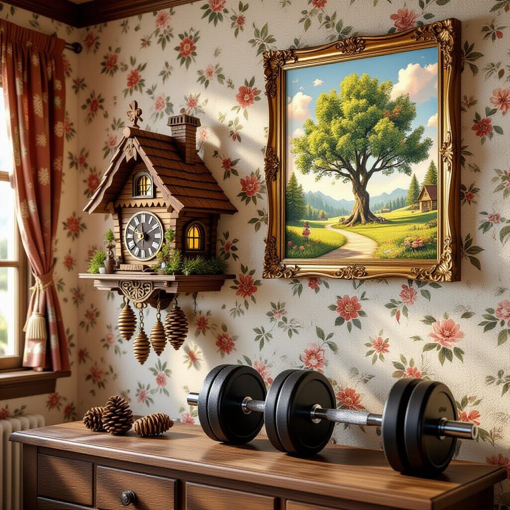 Whimsical Cuckoo Clock and Family Tree in 3D Cinematic Style