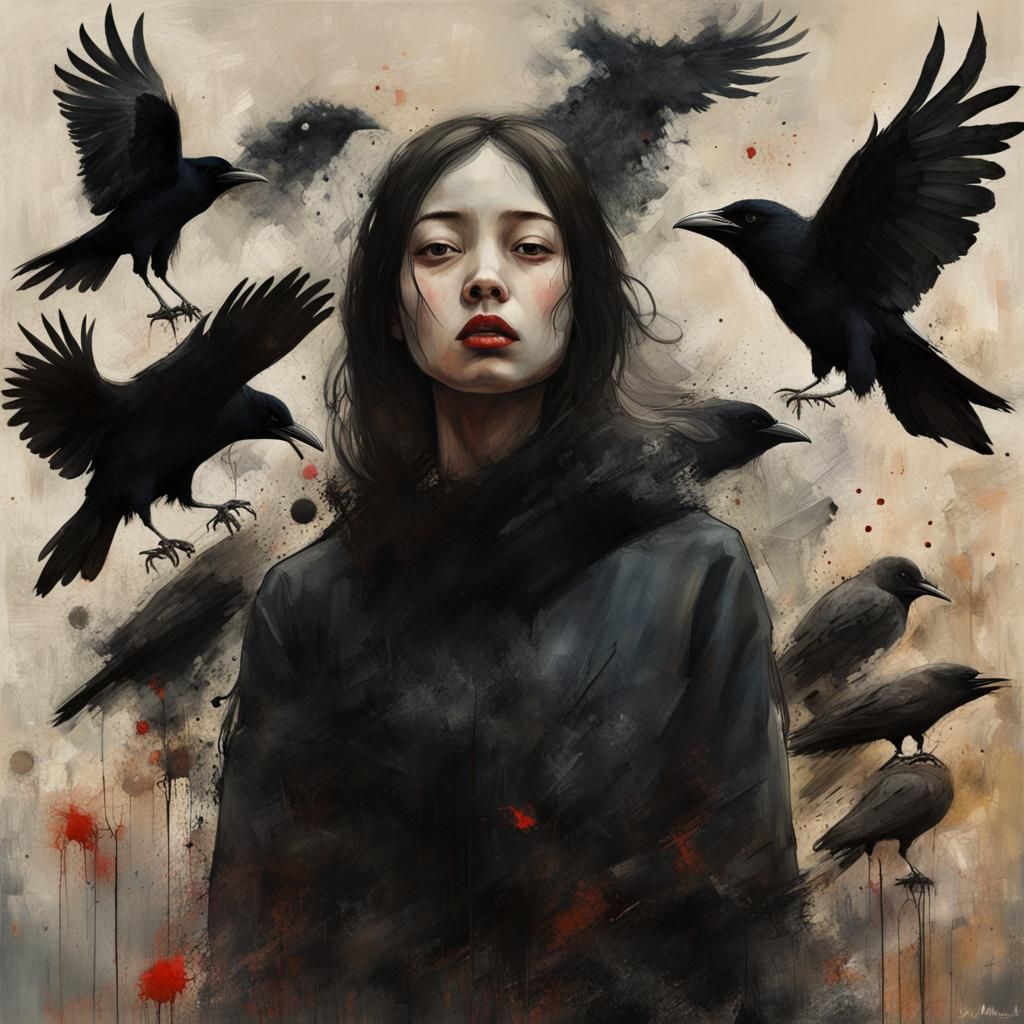 Eerie Collage of Crows in Black Smoke