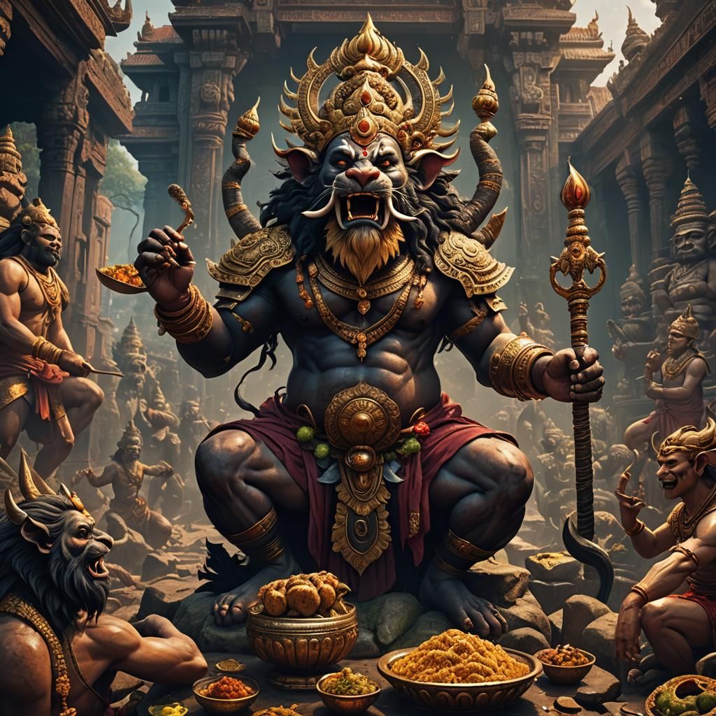 Lord Narasimha Eating Hiranyakashipu: Detailed Fantasy Art