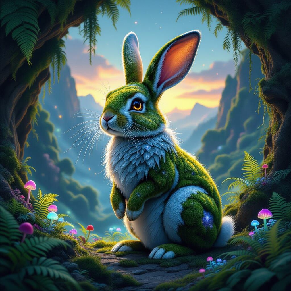 Enchanting Quartz Rabbit in Bioluminescent Twilight Valley