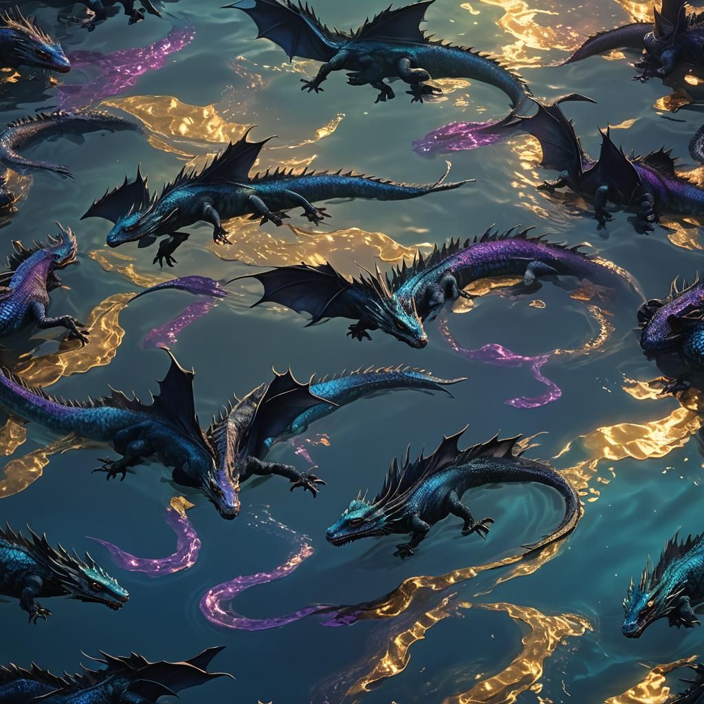 Black Water Dragons in Dark Blue Seas: Fantasy Art