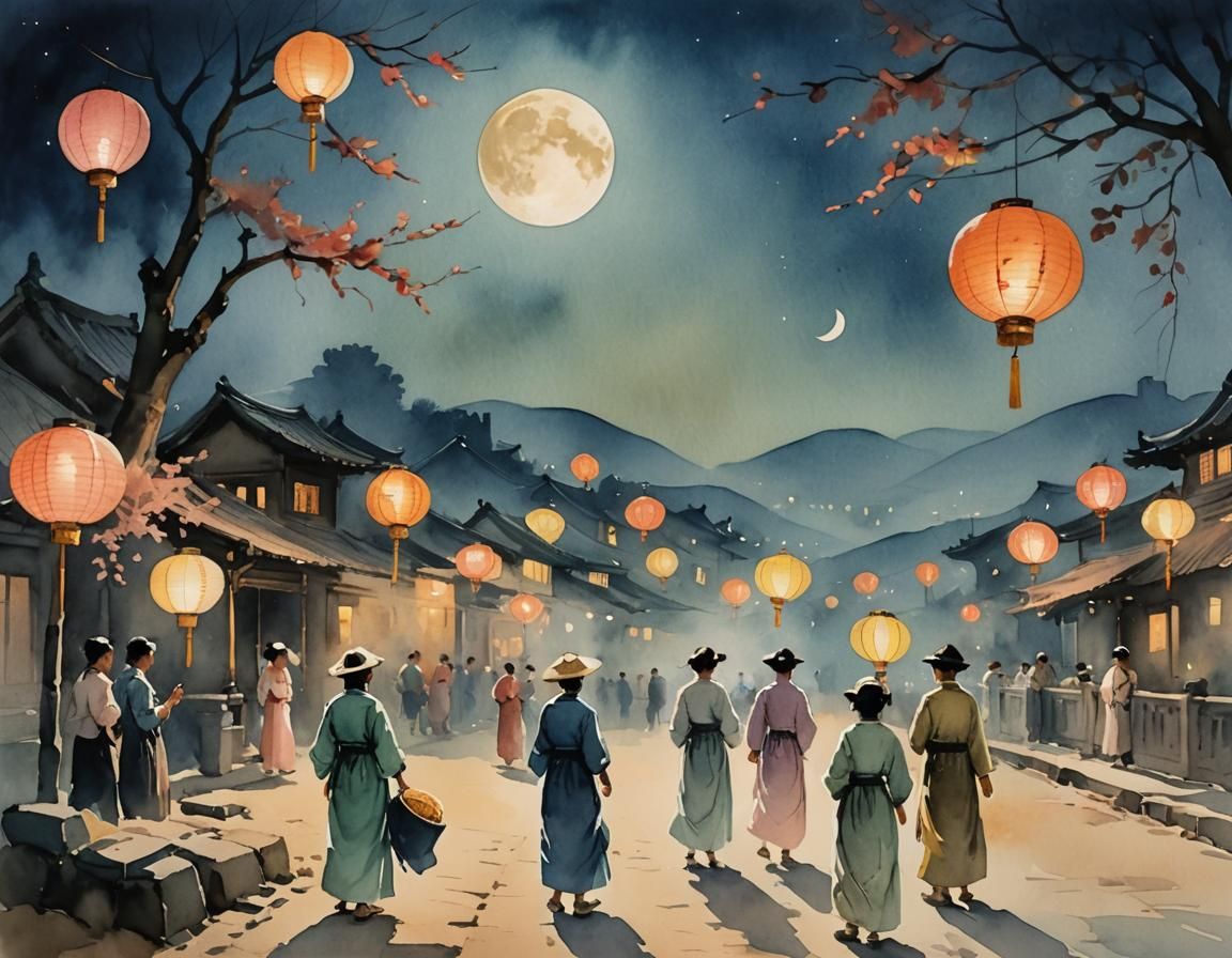 Mid-Autumn Festival Celebration in Watercolor Style