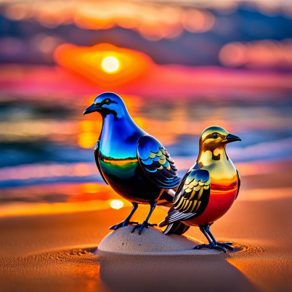 Enameled Dove and Sand Crow on Beach in Oil Painting