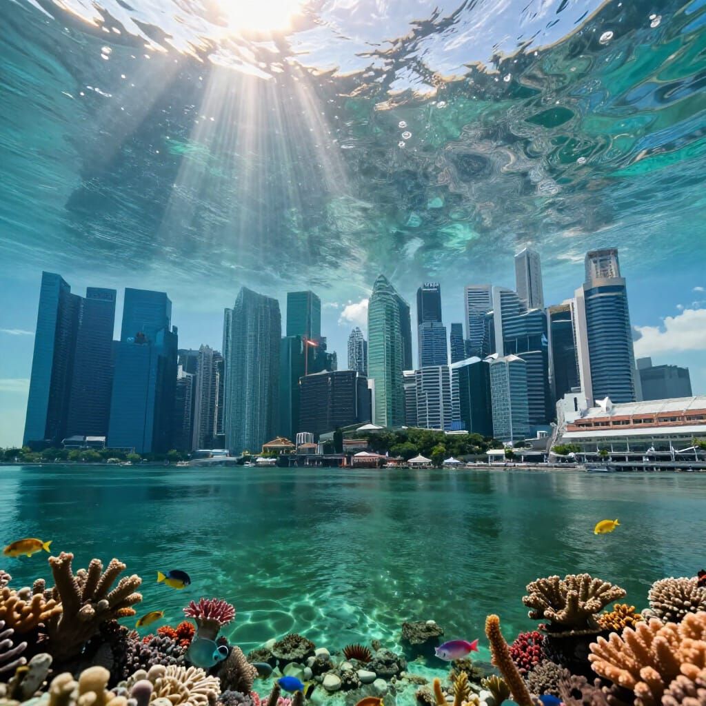 Singapore Skyline Submerged Under Turquoise Waters