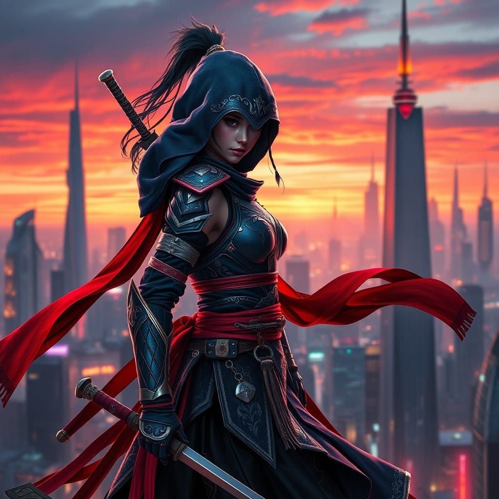 Cyberpunk Ninja Assassin in Neon Cityscape