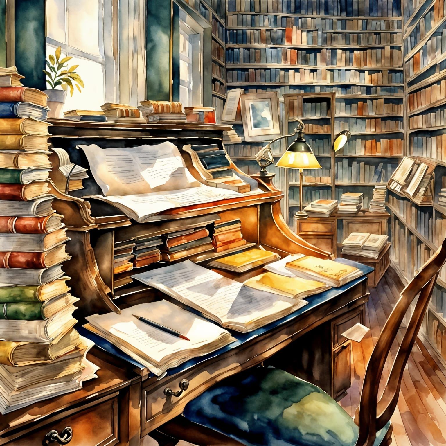 Roll Top Desk Portrait in Wet-in-Wet Watercolor