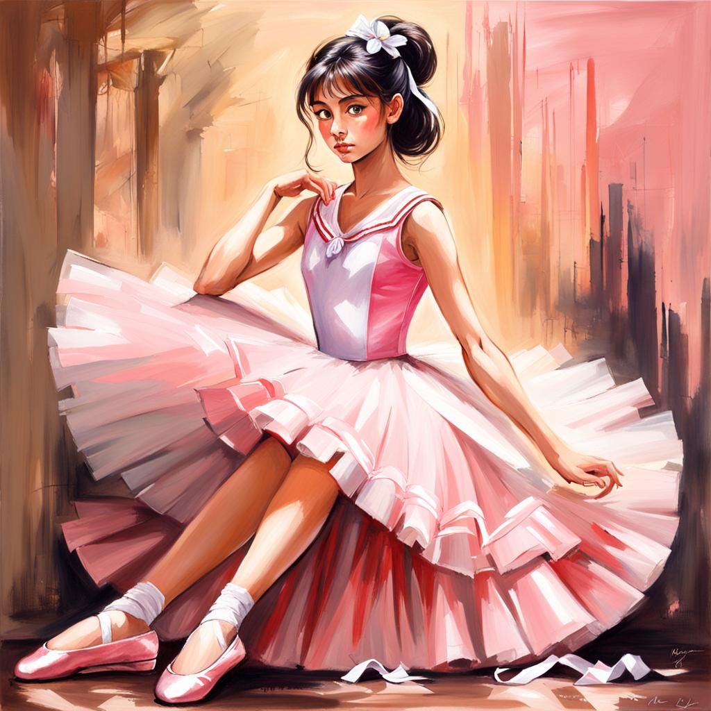 painting of Sailor Mars in a pink prima ballerina dress sitt...