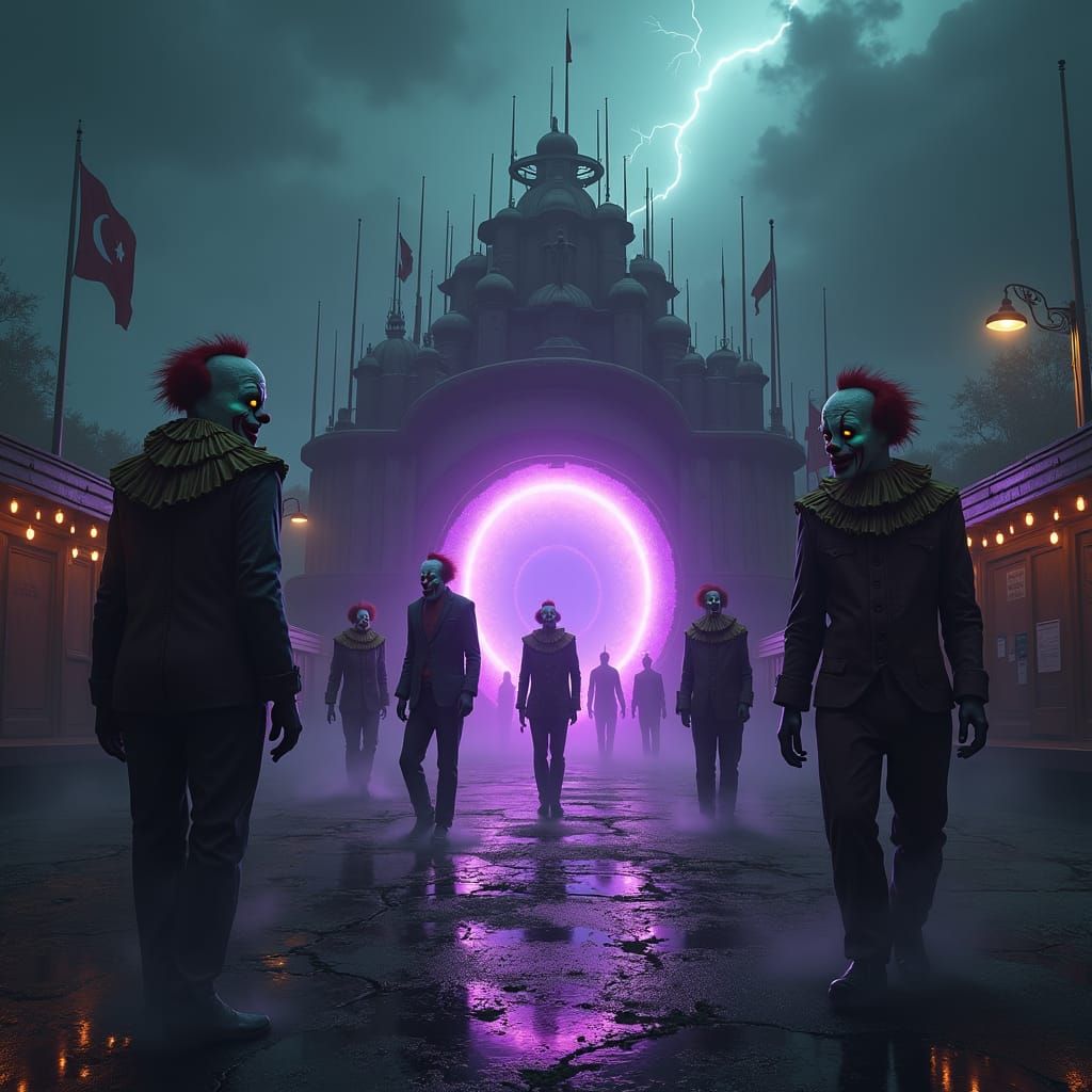 Eerie Amusement Park Portal with Emerging Clowns