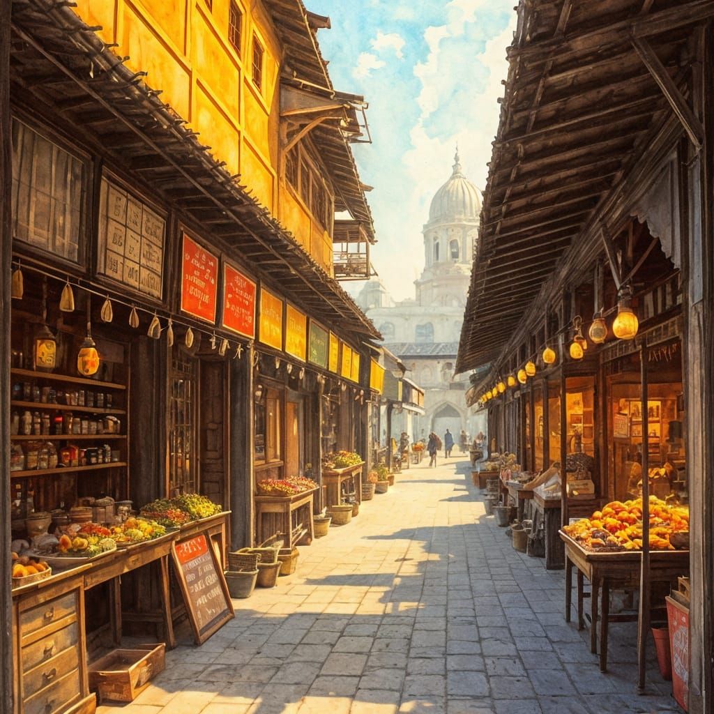 Bustling Indian Marketplace: Ink Painting Reverie