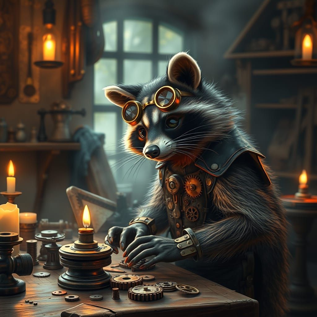Steampunk Raccoon in Candlelit Workshop
