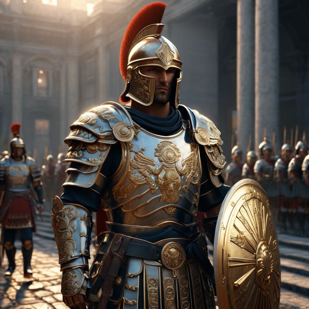 Roman Legionnaire with Ornate Shield in Anime Style