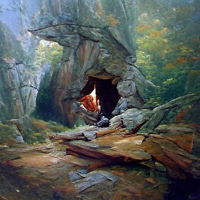 Cave Entrance in Forest, Oil Painting Style