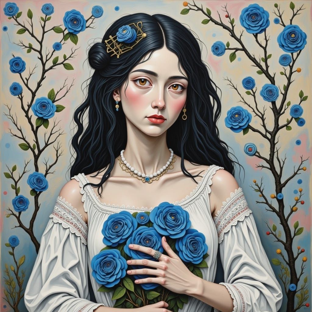 Saintly Woman with Blue Roses in Classic Portraiture