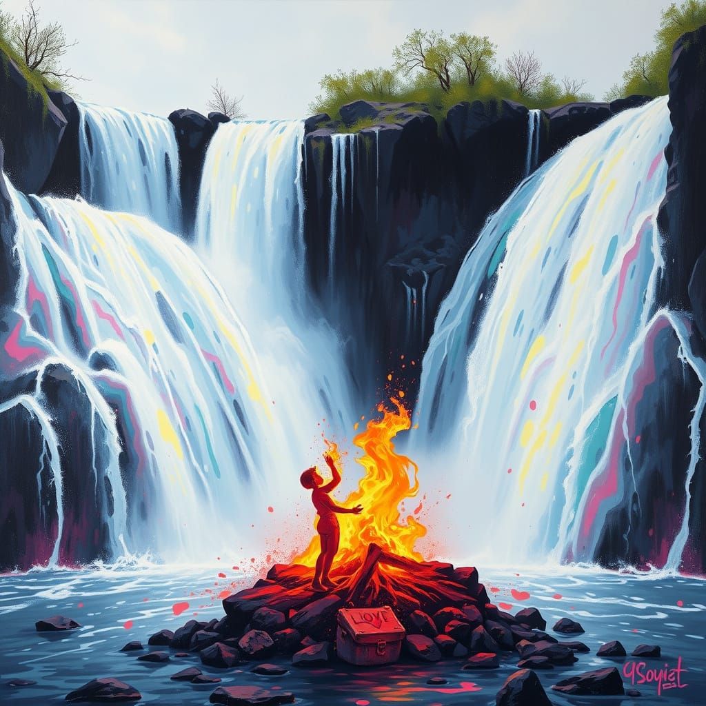Powerful Waterfall Flows Into Stream with Burning Love Symbo...