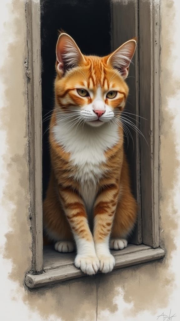 Ginger Feline Surveys the Outdoors in a Rough Charcoal Sketc...