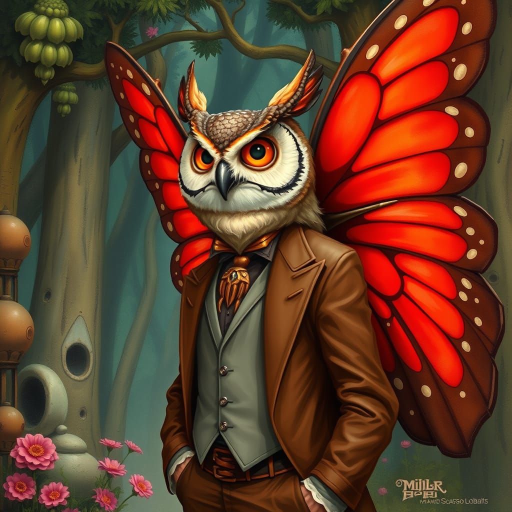 Owl Humanoid with Butterfly Wings in Whimsical Forest