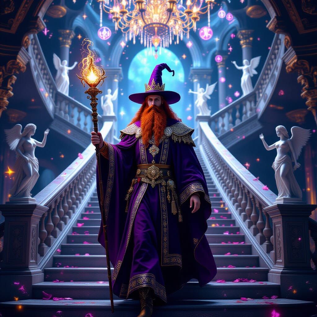 Prince Wielding Magic Staff in Surreal Castle Staircase