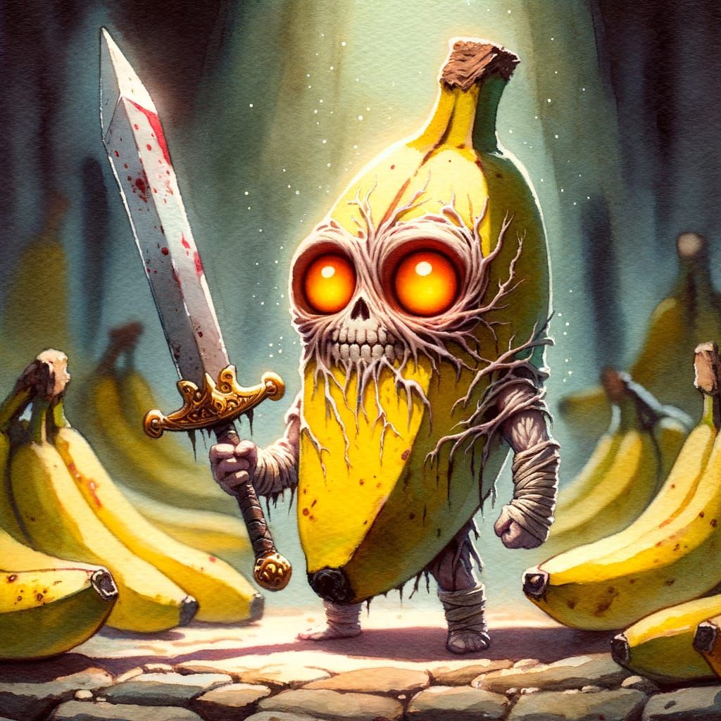 Undead Banana Chibi Discovering a Sword in Watercolor
