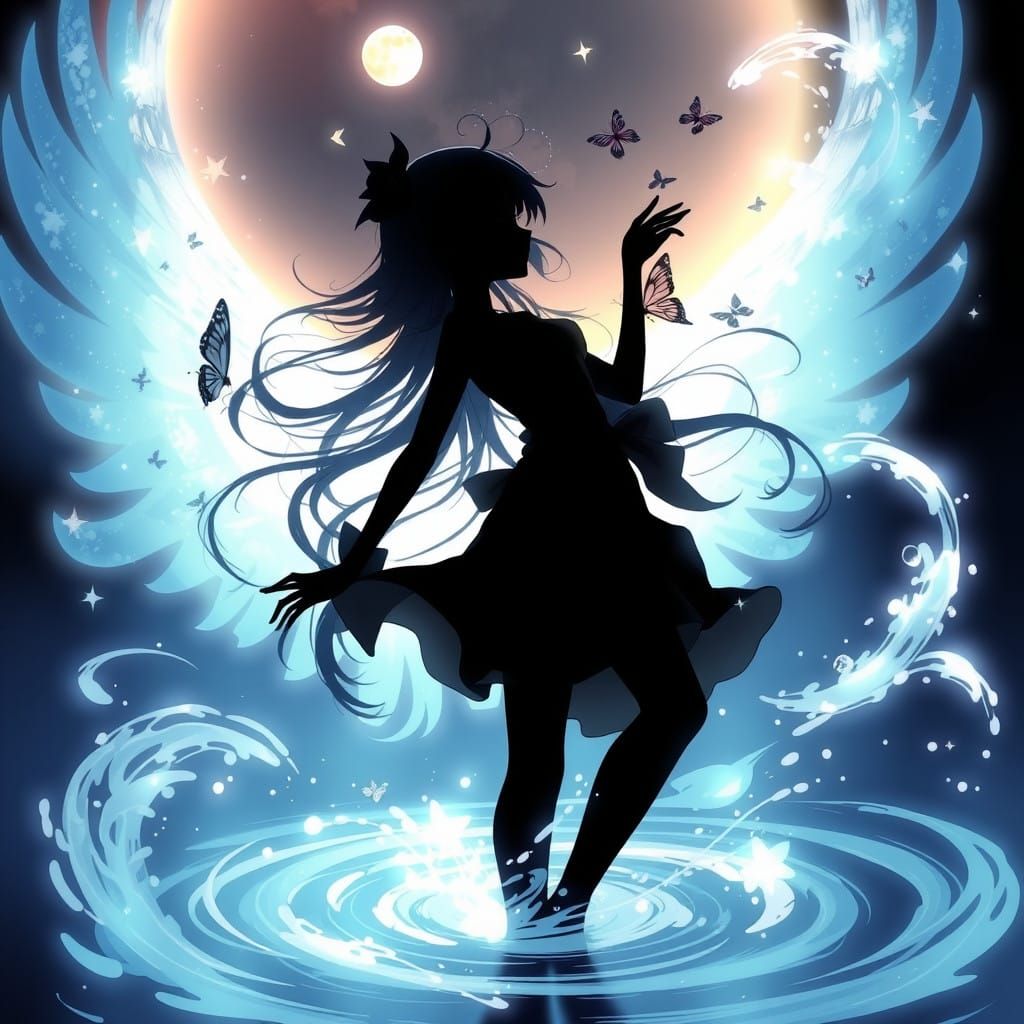 Anime Female Silhouette Under Moonlit Magic