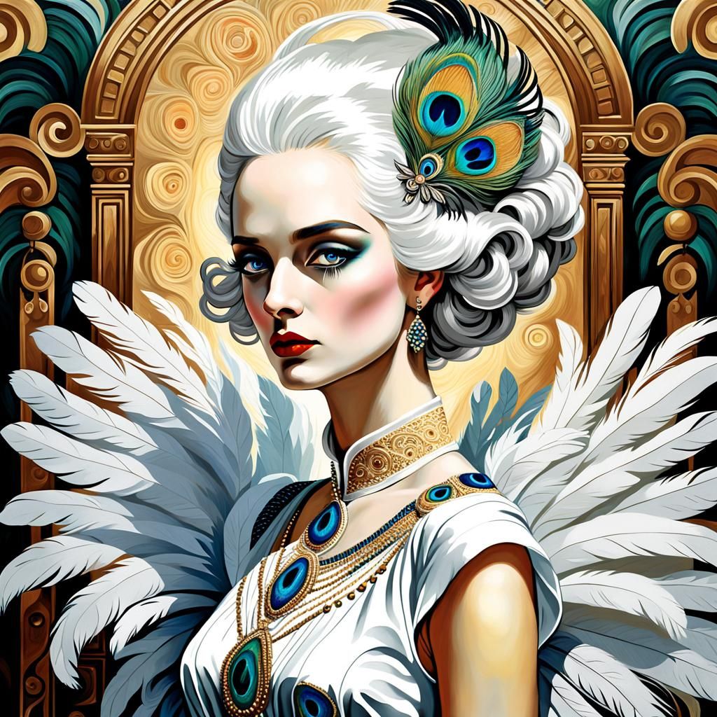Art Deco Woman with Peacock Feathers in Oil Painting Style