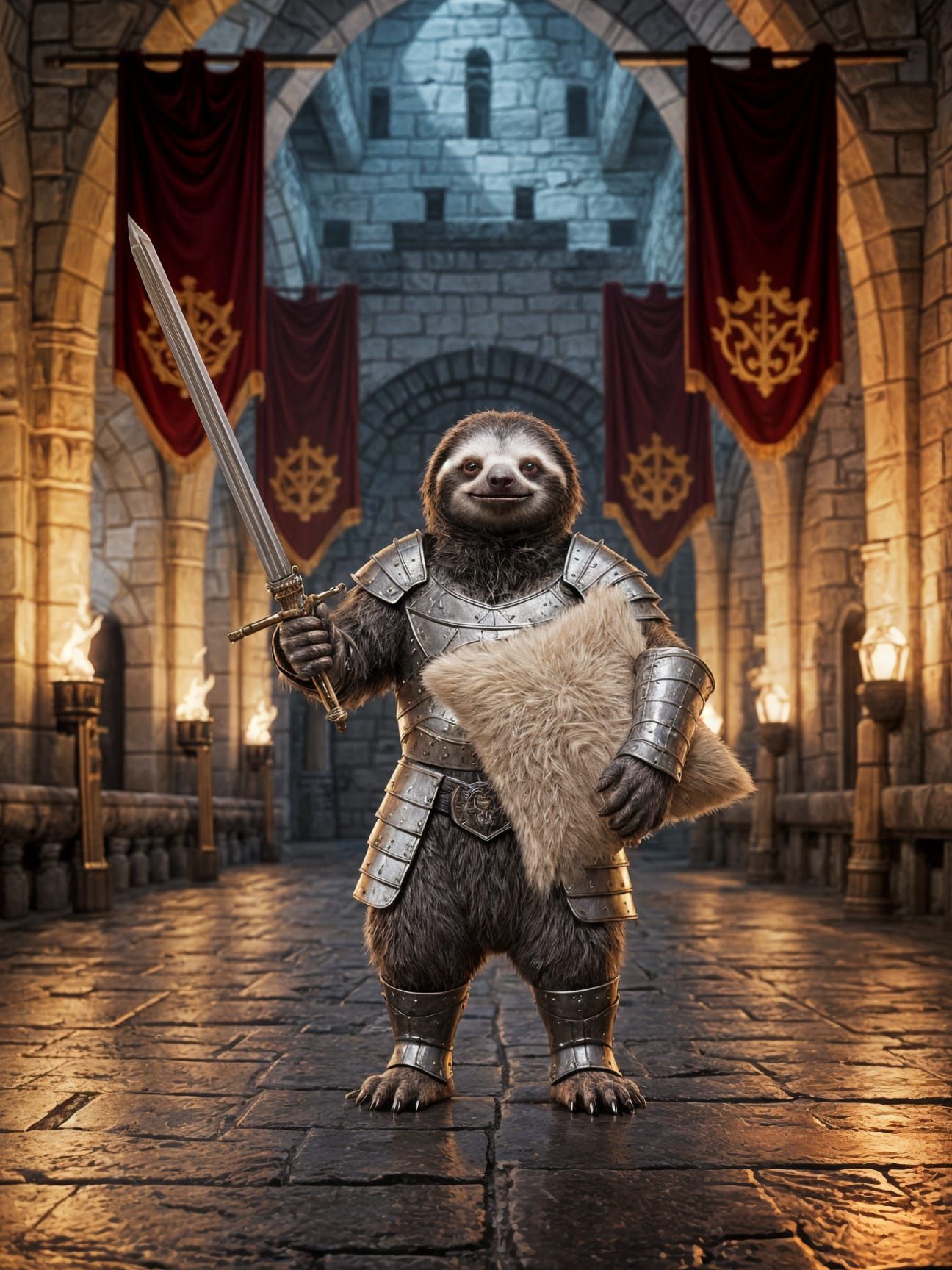 Knight Sloth in Grand Castle Hall, Fantasy Realism