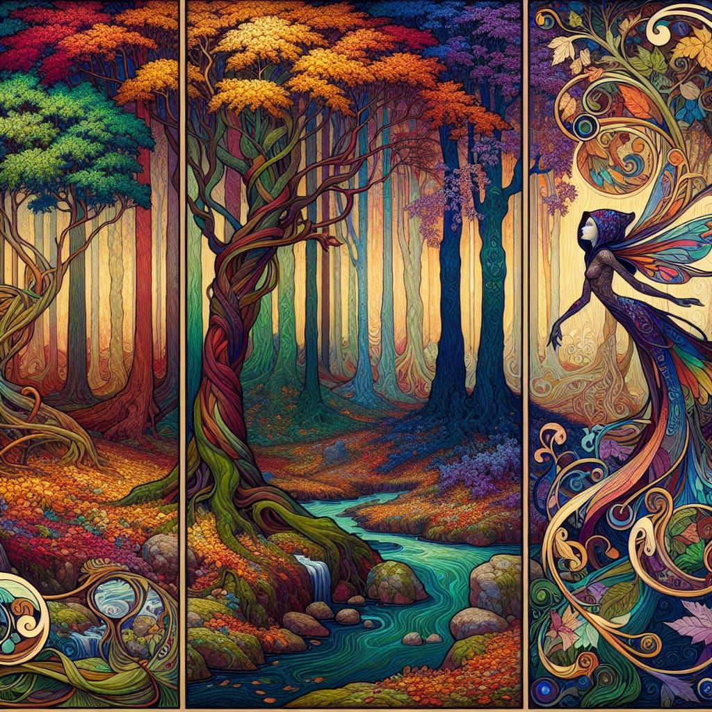 Enchanting Fey in Mythical Art Nouveau Forest