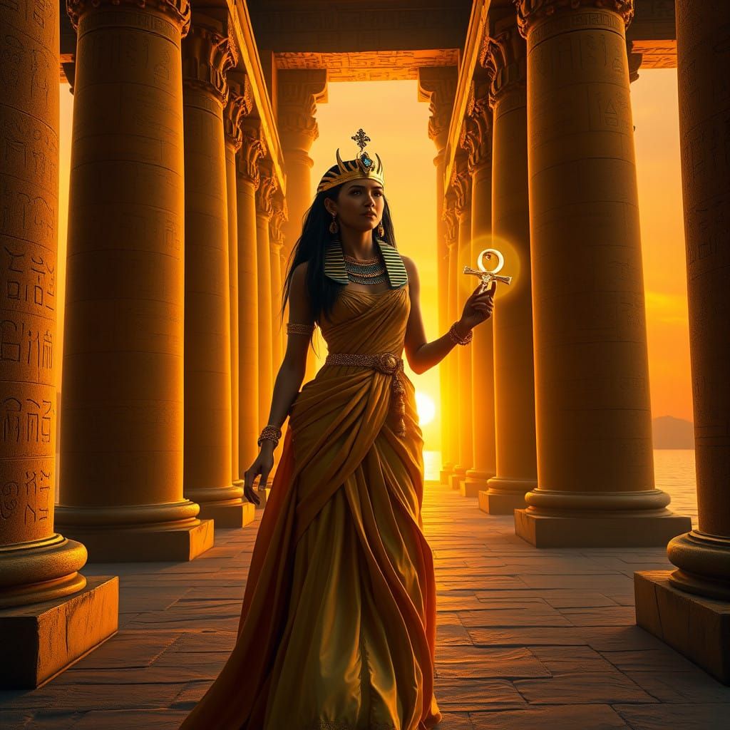 Egyptian Princess Walks Through Ancient Temple at Dusk