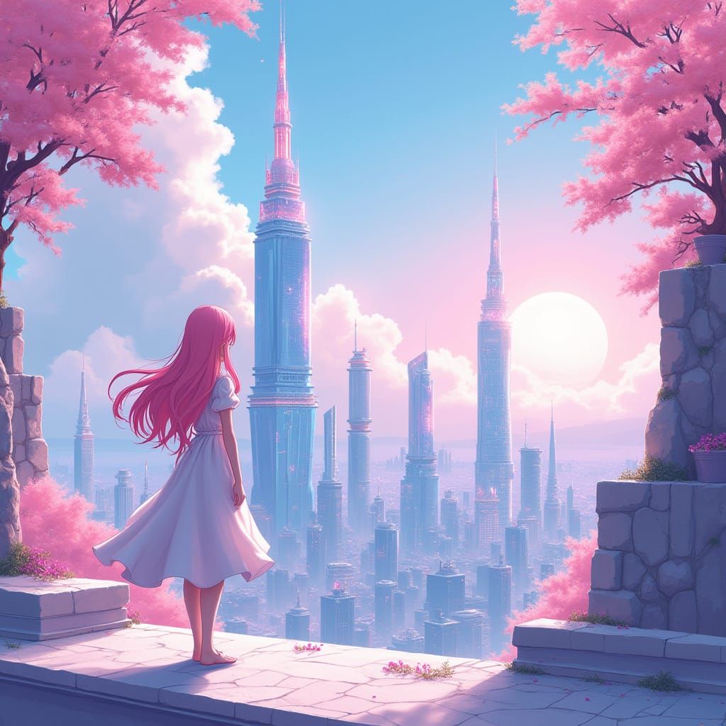 Anime Girl Gazing at Shimmering Crystal Cityscape