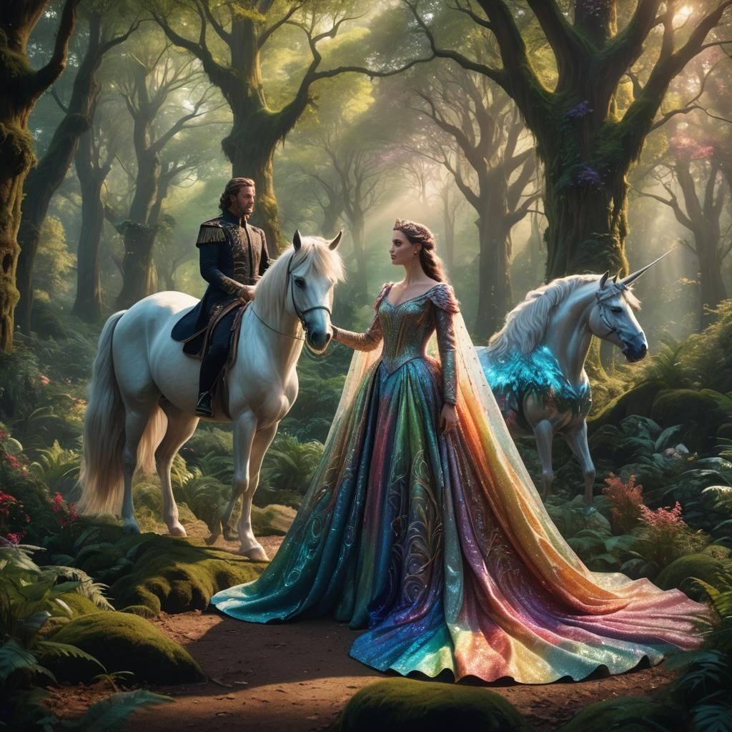 Fantasy Art: Lady, Man, and Unicorn in Forest