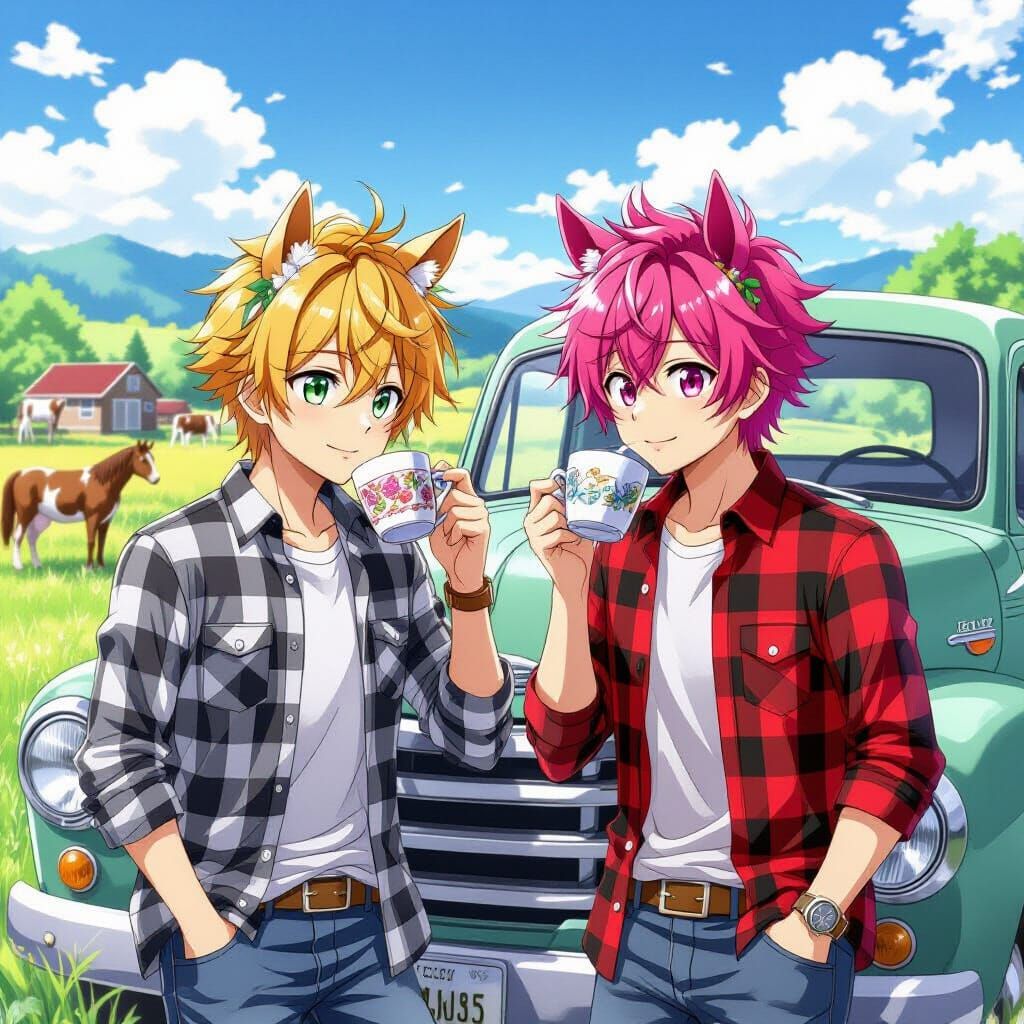 Anime Guys with Horse Ears on Farm, Studio Trigger Style