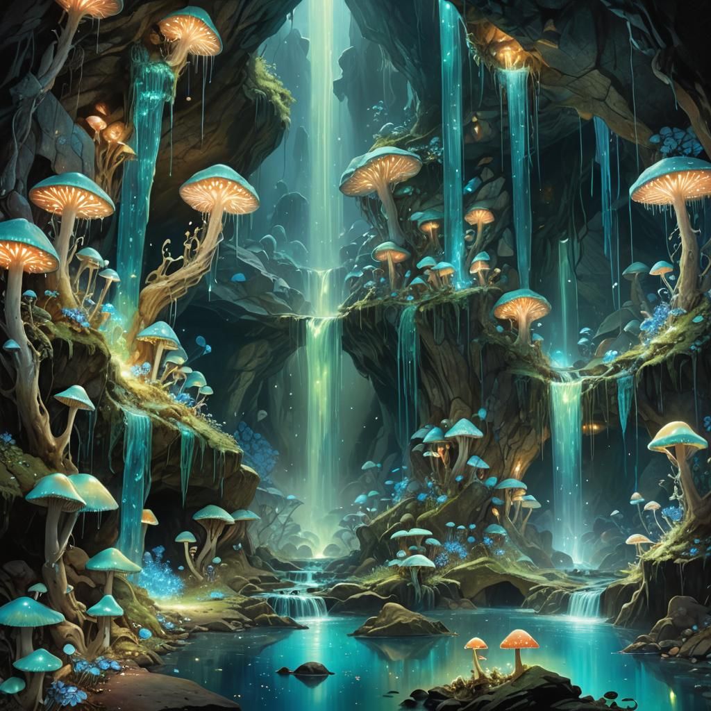 Opal Waterfall in Bioluminescent Crystal Cave